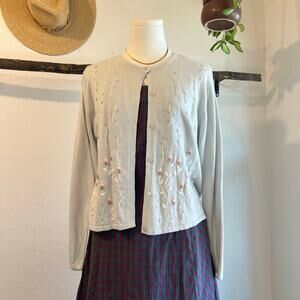 Vintage 90s Cream Floral Embroidered Cotton Cardigan Sweater Size Large